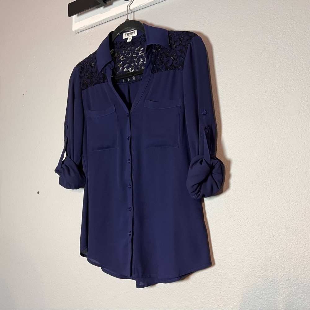 Express Portofino Shirt Button Up Blouse Slim Fit Navy Blue Lace Back Size XS